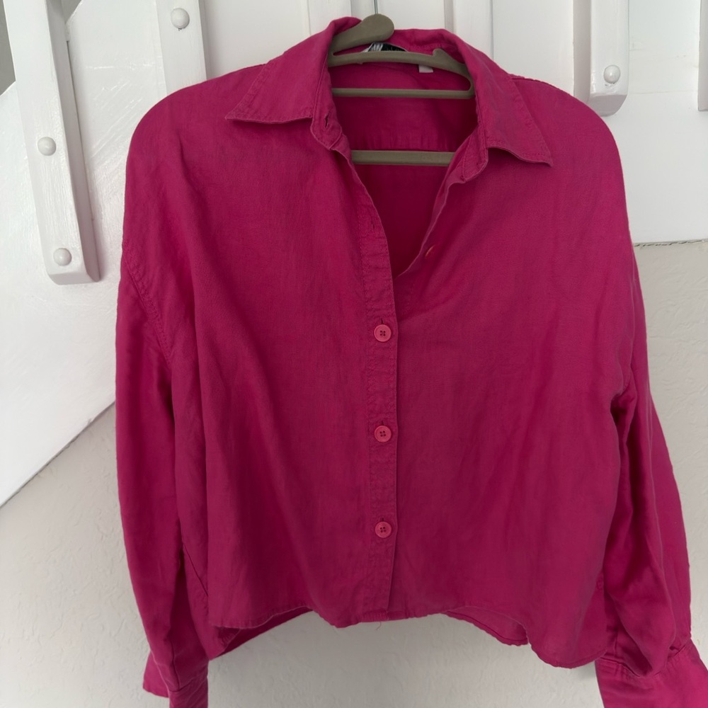 Womens linen Fuchsia Button-Front Shirt